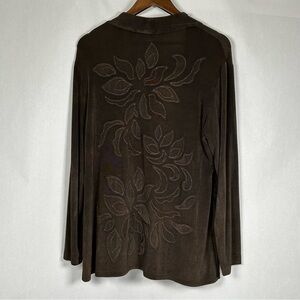 Chico's Size 2 (L) Chocolate Brown Open Front Cardigan Embroidered Floral Design